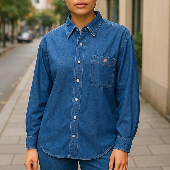 Calorlina Blues Women's Denim Blue Cotton Button Front Shirt - Size M - Picture 1 of 14